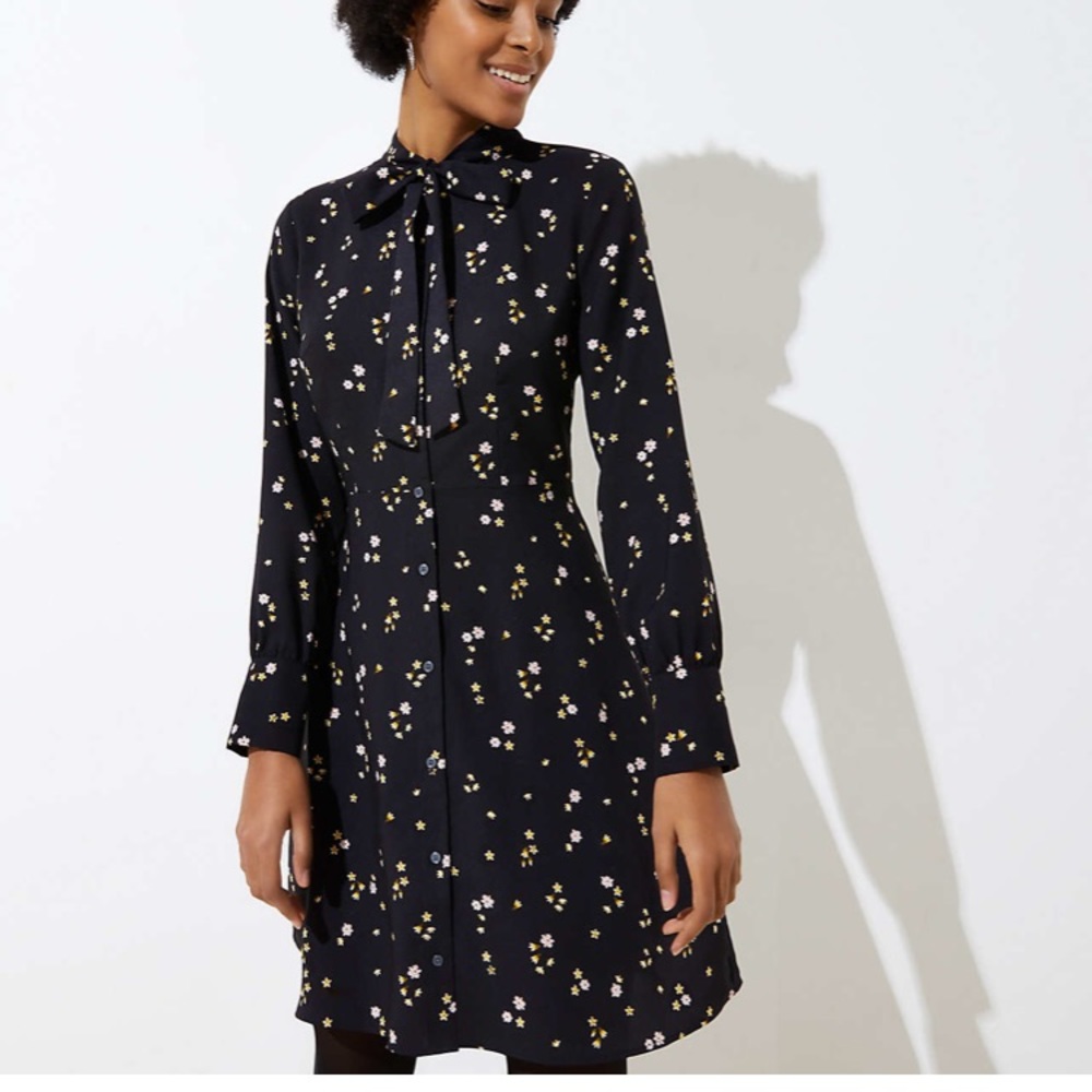 Loft Floral Tie Neck Flare Dress